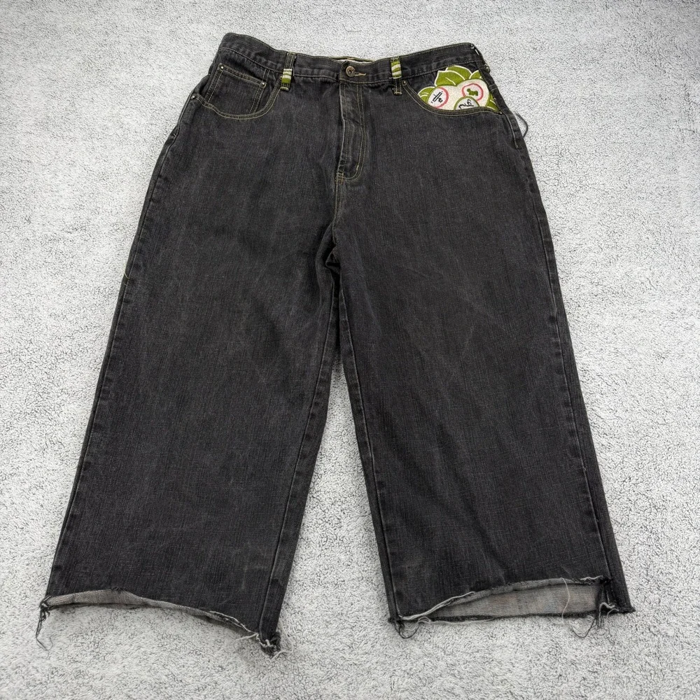 Stone Touch Jeans Mens 34 Black Denim Geisha Kimono Japanese Style Cut Off READ
